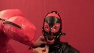 Heavy Rubber Latex Suit Femdom and Slave with Mask Encased Bondage Bag Body