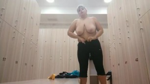 Fitness Relaxing. Big Boobs Change Clothers