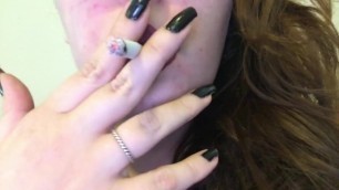 Chubby Goth Brunette Close up Smoking - Dark Red Lipstick Black Nails