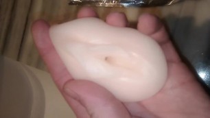Young White Guy trying new Sex Toy Silicon Vagina Masturbator at Bathroom